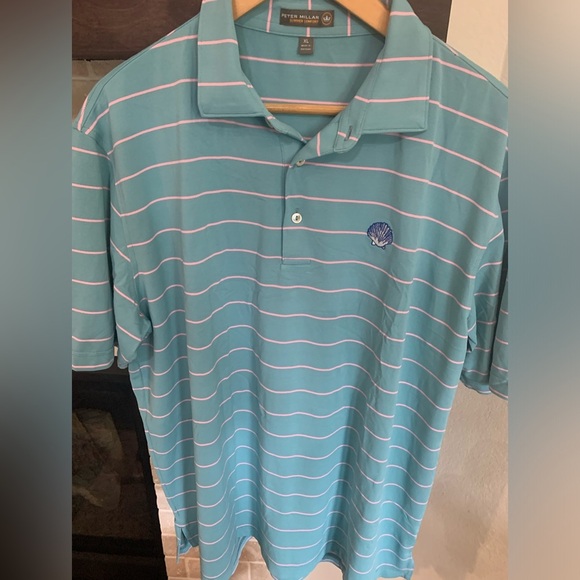 Peter‎ Millar Summer Comfort Polo Shirt Light Blue Pink Stripe Size XL Stretch - Picture 1 of 5